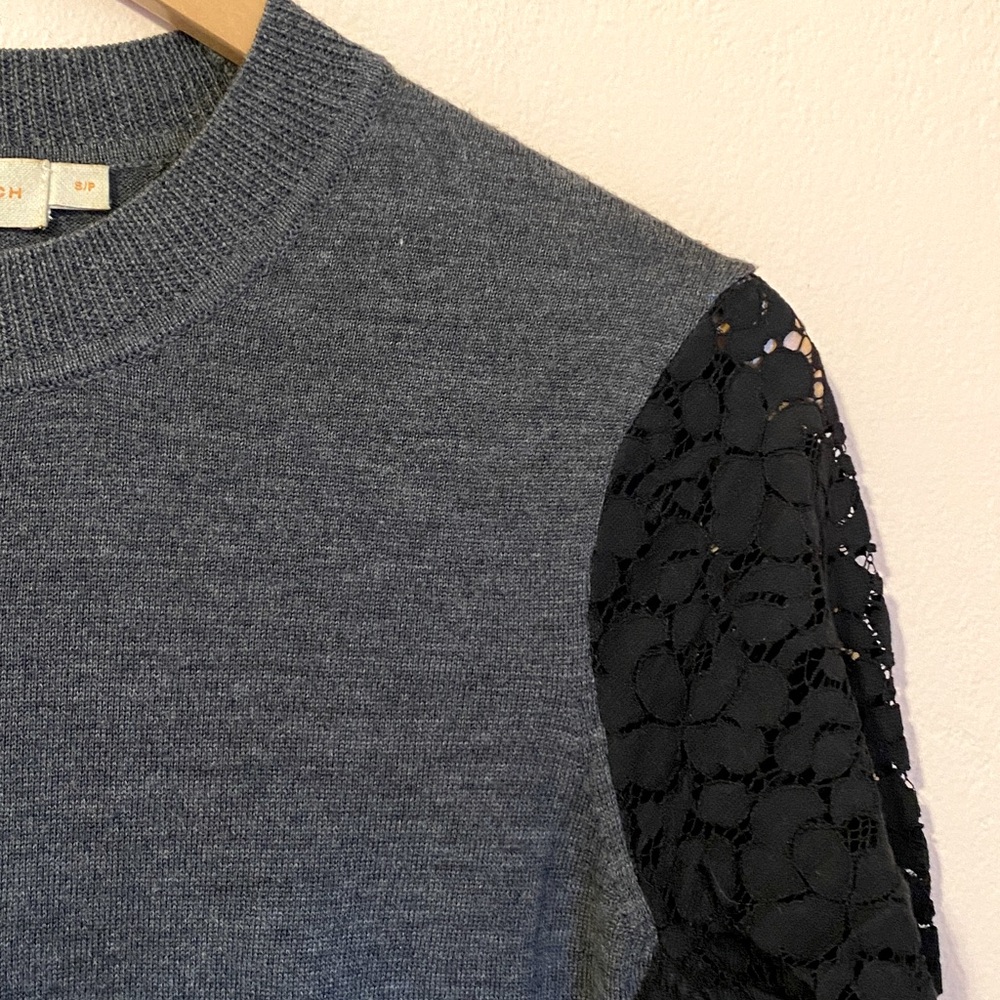 Tory Burch Kammy Grey Merino Wool Black Lace Sleeve Sweater Small - Picture 4 of 12